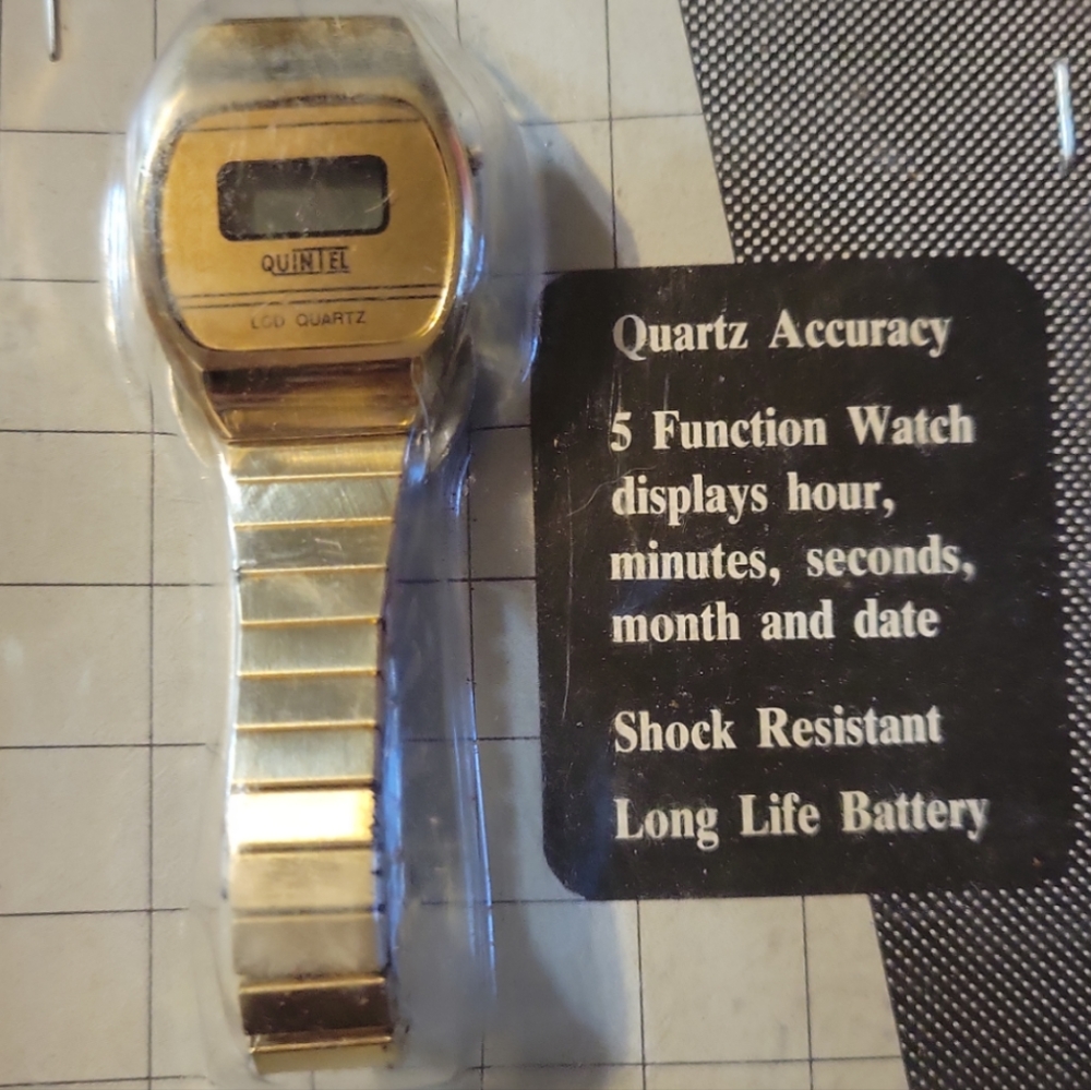 NWT 1 Vtg Men's Gold QUINTEL LCD Digital 5 Function Quartz Watch Shock Resistant